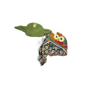 Knitted Yoda infant hat and owl knitted hat